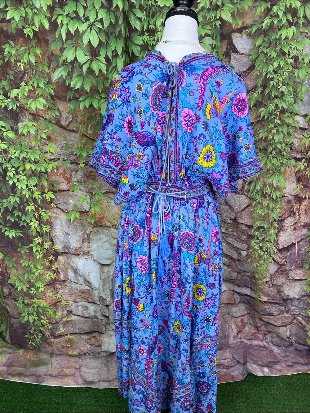 FABRIK Blue Bohemian Floral Tasseled Maxi Dress with Kimono Sleeves, S - Picture 8 of 13